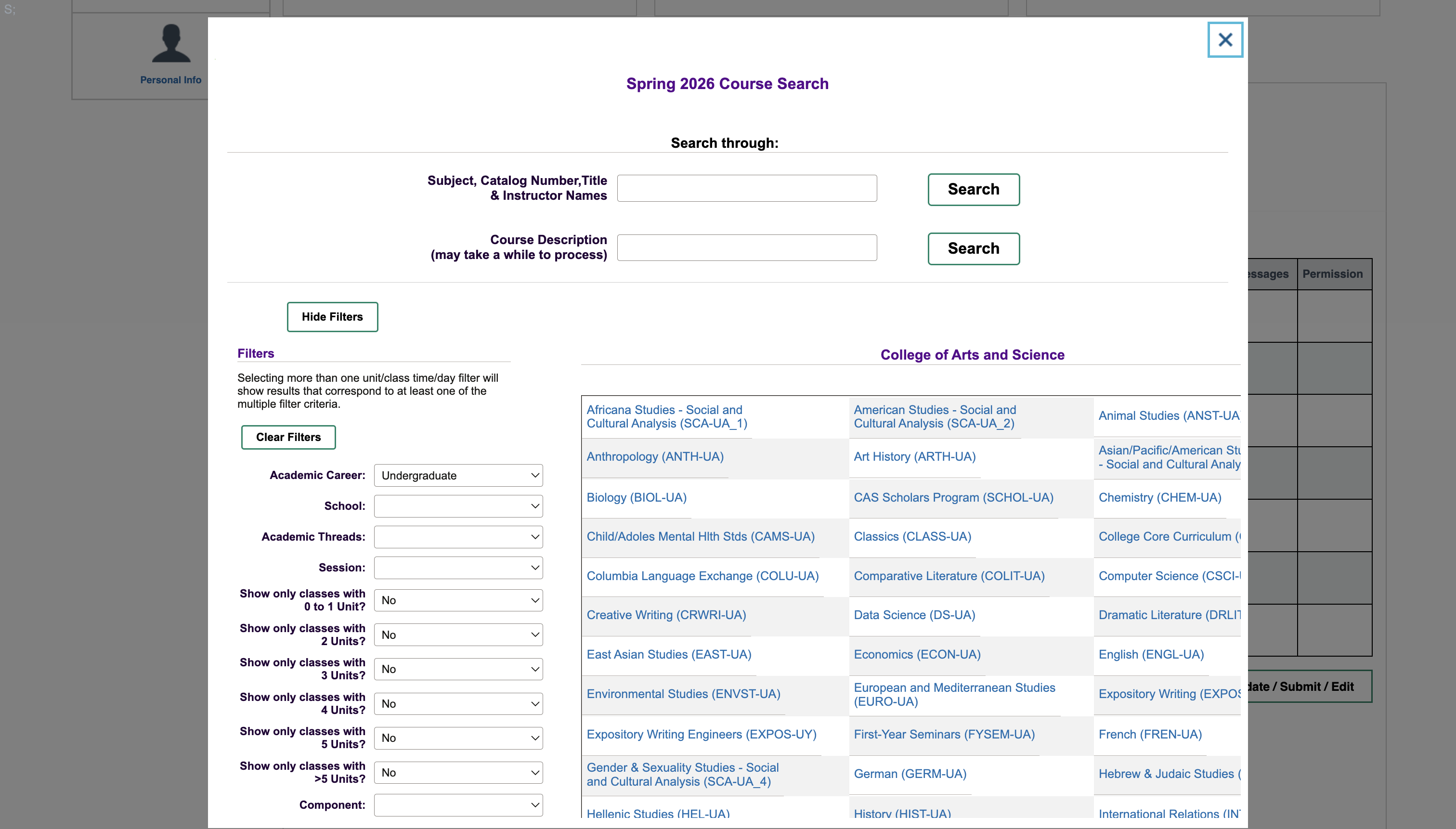 Albert current UI – course search modal